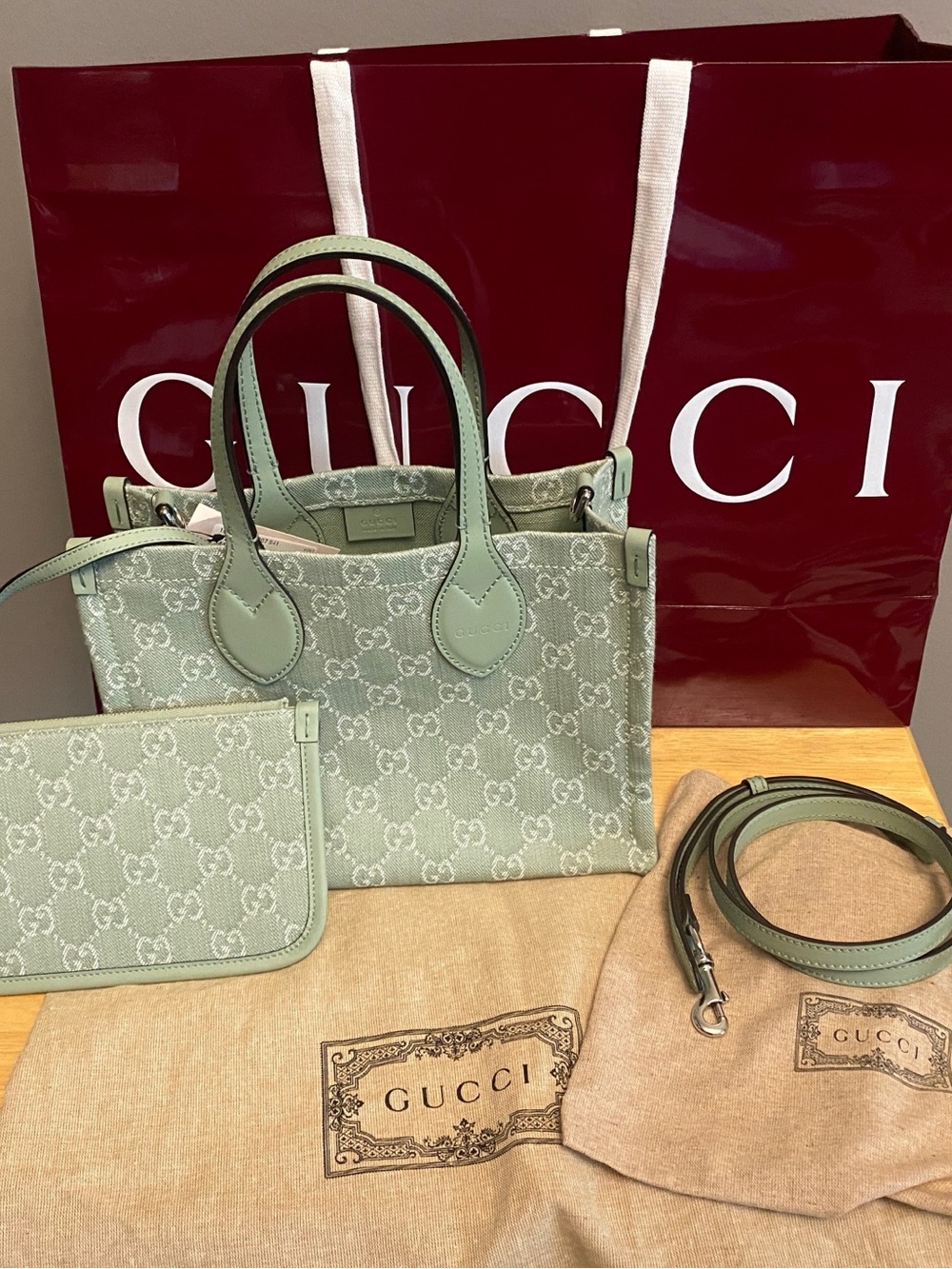 Gucci Sage Green GG Supreme Mini Tote with Pouch